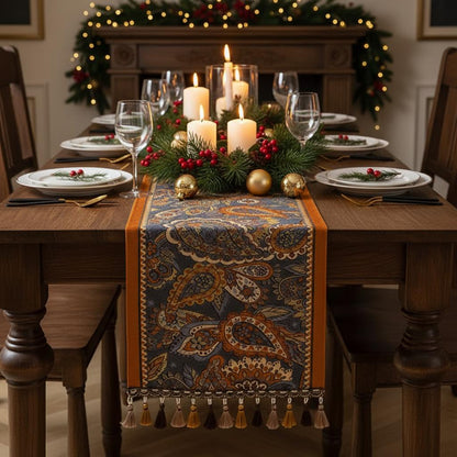 Boho Paisley Table Runner with Tassels | Farmhouse Vintage Fringe Runner | Wedding Holiday Decor