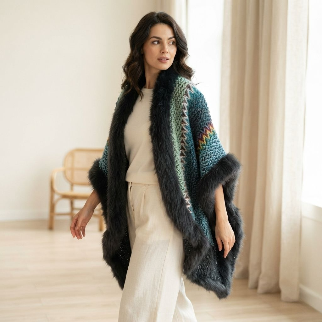Woman wearing a Sea Blue boho knit poncho cape with dark plush trim and open front over a cream top and trousers