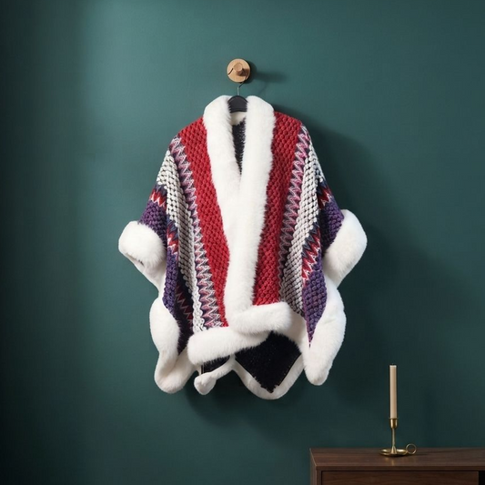 Boho knit shawl wrap cape in Deep Red with white plush trim and chevron pattern, hanging open-front on a teal wall