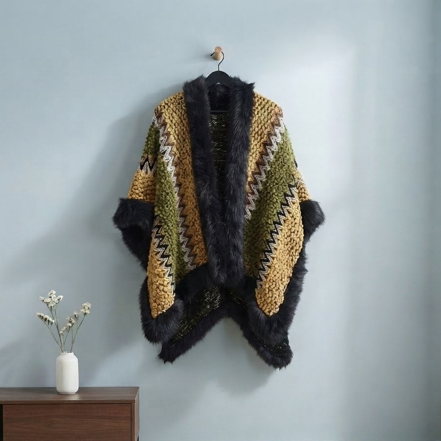 Boho knit shawl wrap cape in Ocean Green with black plush trim and zigzag pattern hanging on a pale blue wall