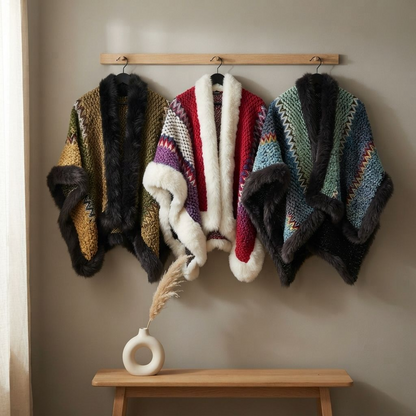 Three boho knit shawl wrap capes in Deep Red, Ocean Green and Sea Blue hanging on a wooden wall rail above a bench
