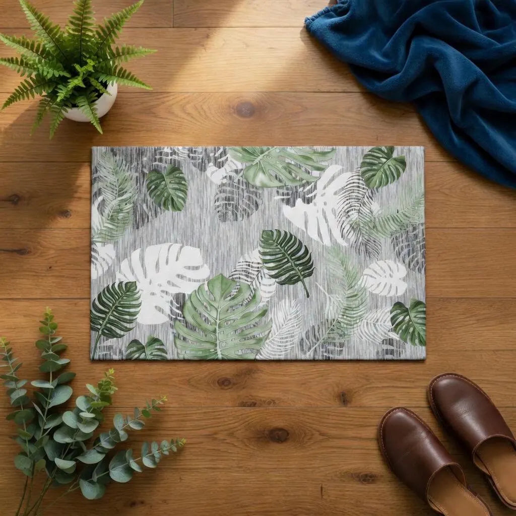Botanical leaf print kitchen rug — washable non-slip floor mat, main view