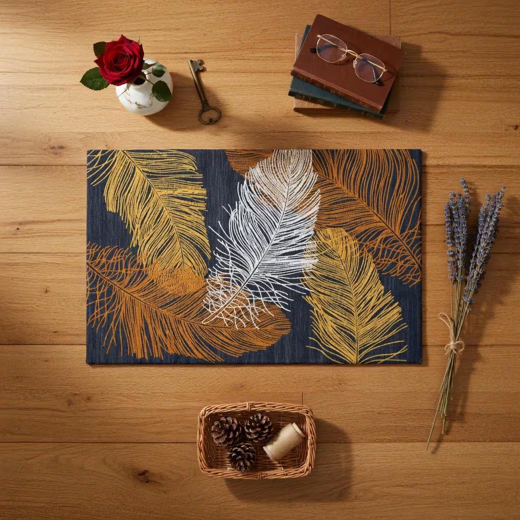 Botanical floor mat styled as entryway rug