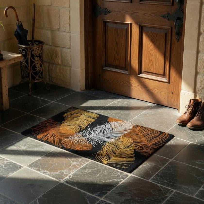 Botanical floor mat styled beside kitchen counter
