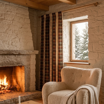 Red buffalo plaid crochet tassel curtain panel in a cozy farmhouse living room with stone fireplace