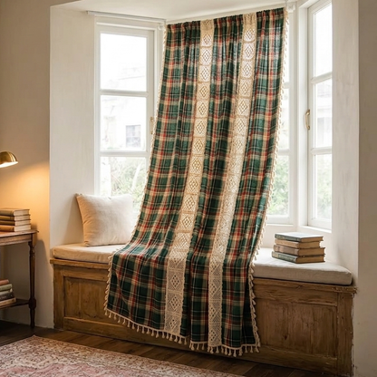 Deep green tartan plaid crochet curtain in a warm Mediterranean living room with terracotta walls and arched window