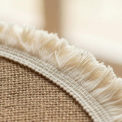 Macro detail of cotton fringe edge on round burlap placemat