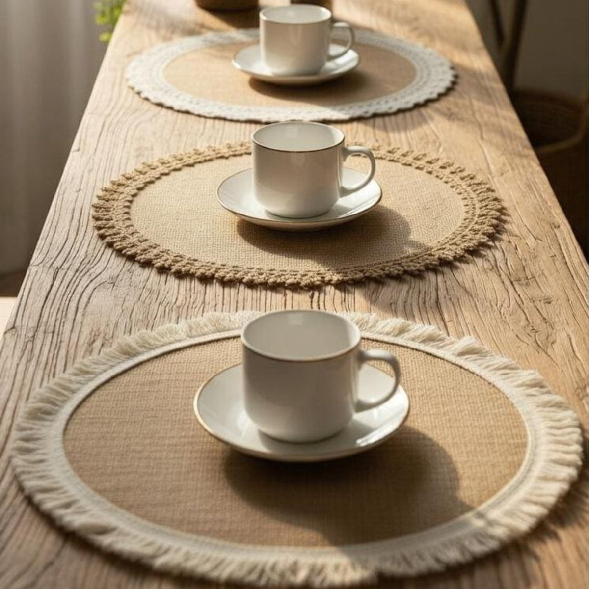 Overhead view of full table setting with round burlap placemats