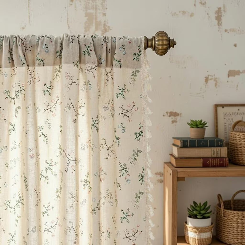 Crochet Lace Curtains Handmade Boho Tassel Trim Semi Blackout Window Treatment Farmhouse
