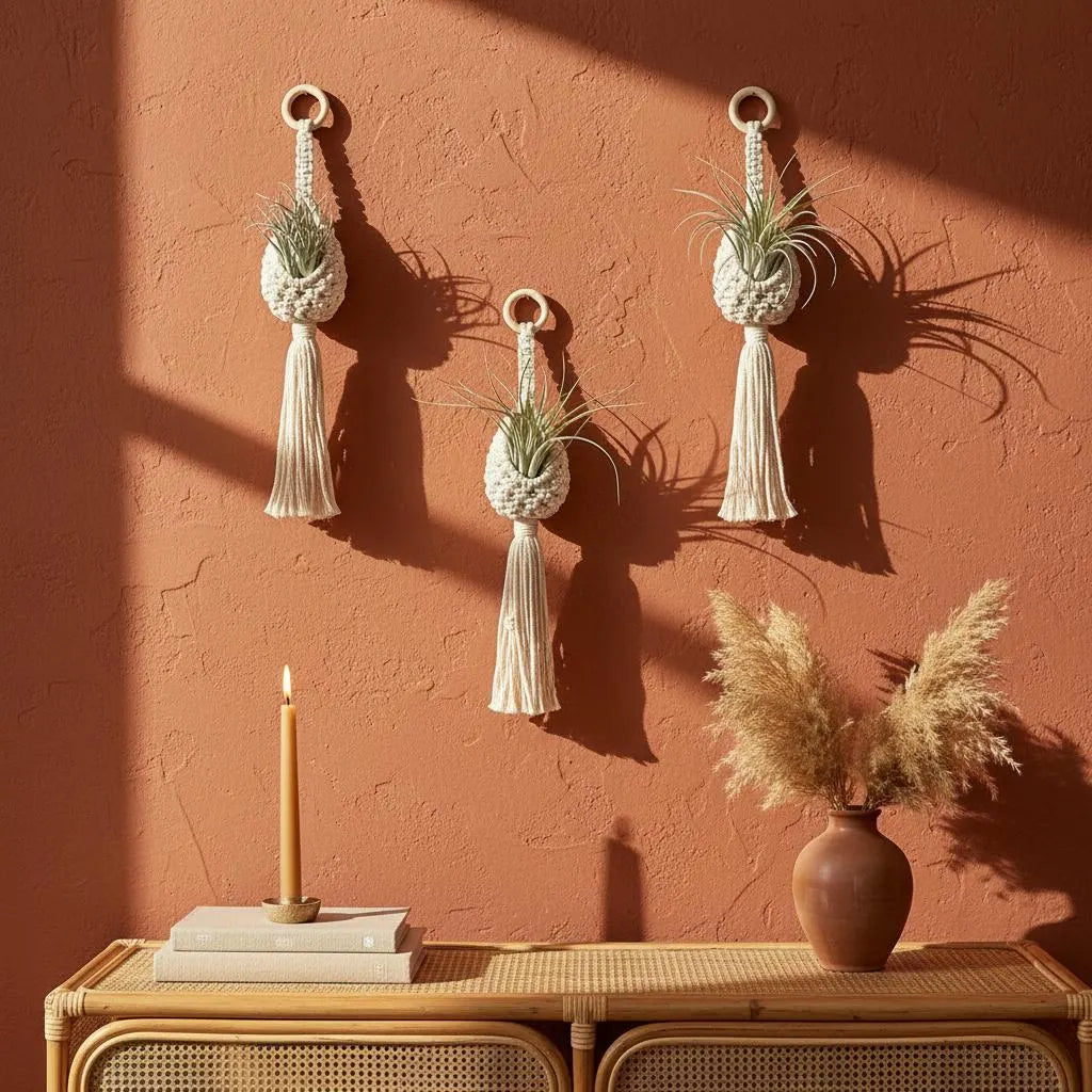 Macrame Plant Hanger Air Plant Holder | Boho Wall Hanging Crochet Planter | Farmhouse Decor Set