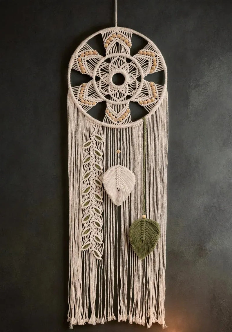 Macrame Wall Hanging Dream Catcher | Mandala Boho Wall Decor Wood Beads Green Leaf Fringe