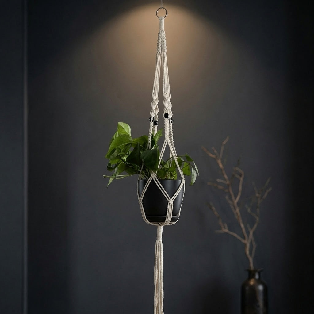 Classic macrame plant hanger with knot-bead rope texture on dark grey wall, dramatic spotlight, boho plant decor