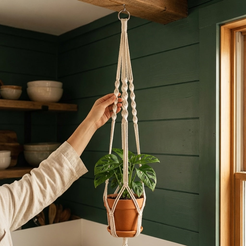 Hand hanging macrame plant hanger with wooden bead accents on dark green wall near window, indoor plant decor