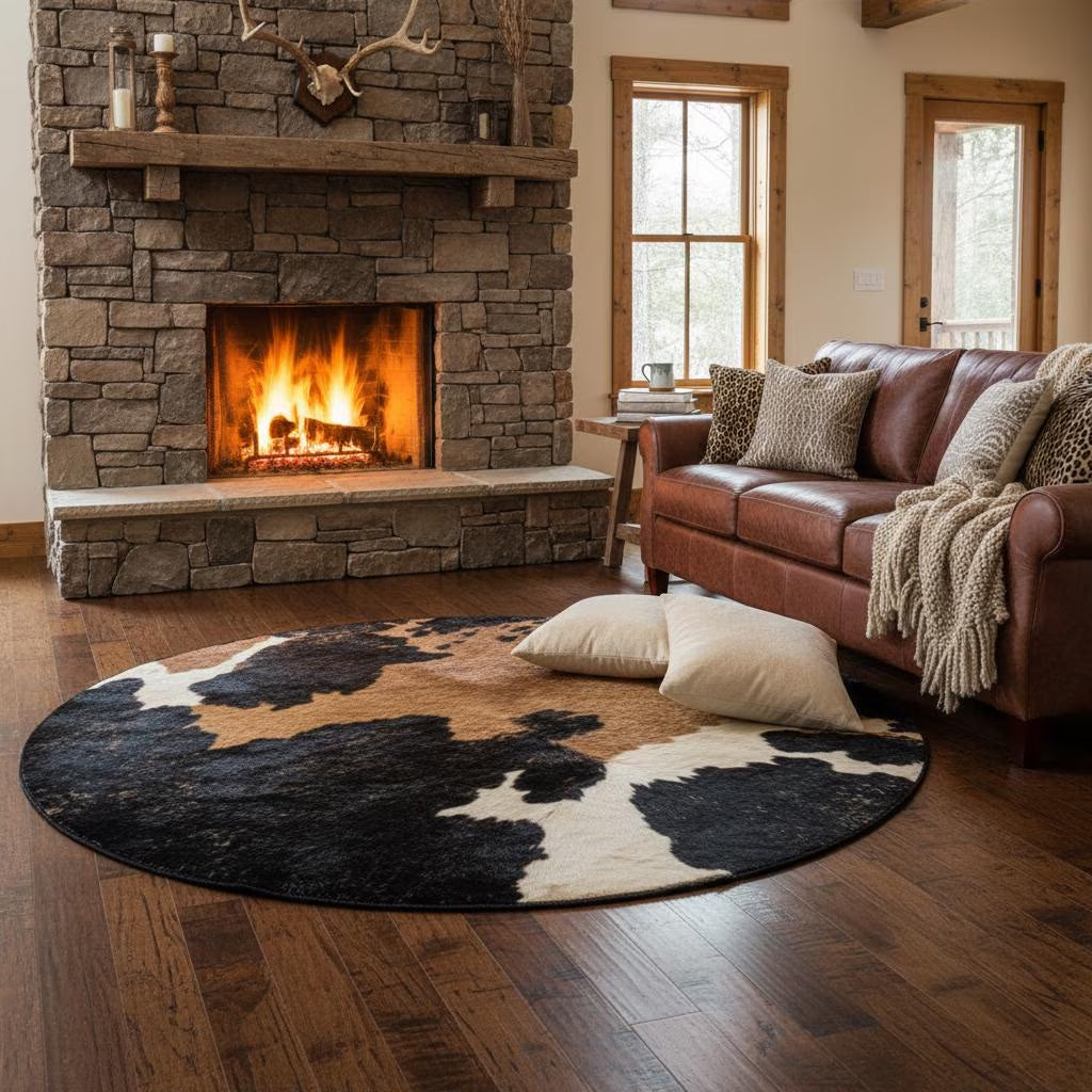 Cow print round rug in black and white, view 2