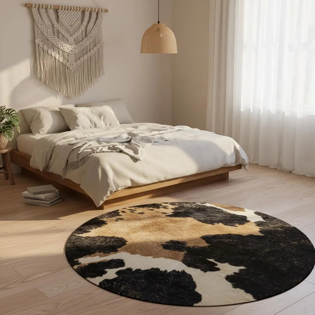 Cow print round rug styled in western living room