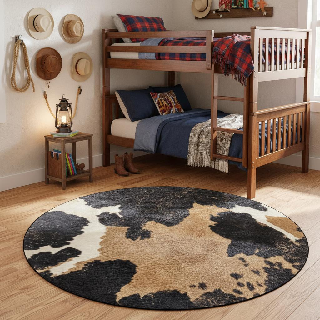 Cow print round rug styled in farmhouse bedroom