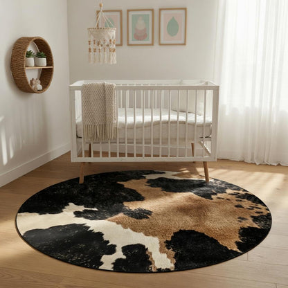 Cow print round rug — soft flannel surface detail
