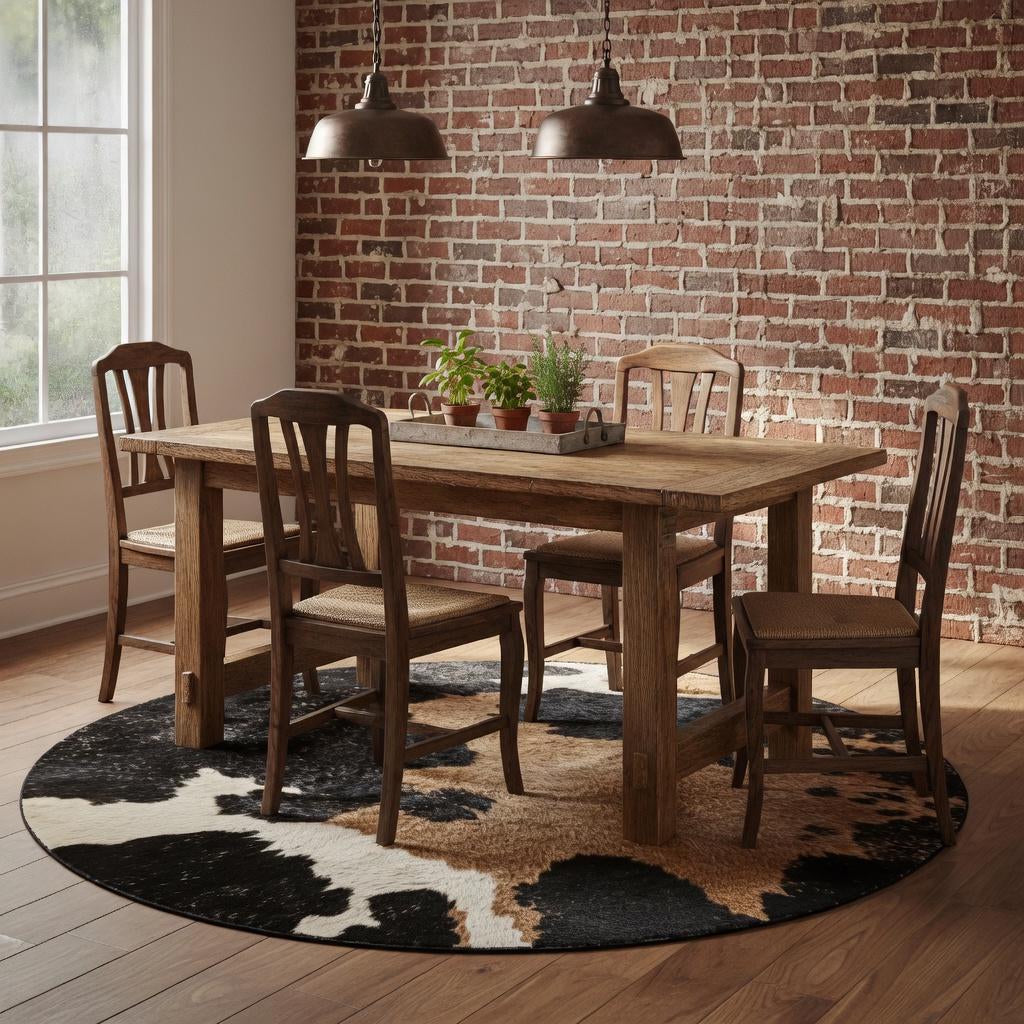 Cow print round rug — anti-slip backing detail