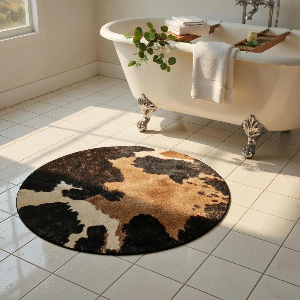 Cow print round rug, view 7