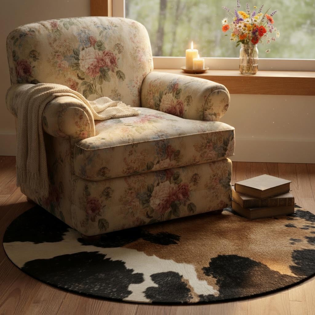 Cow print round rug, view 8