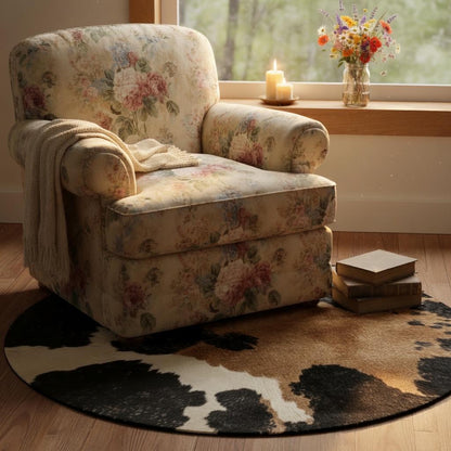 Cow print round rug, view 8
