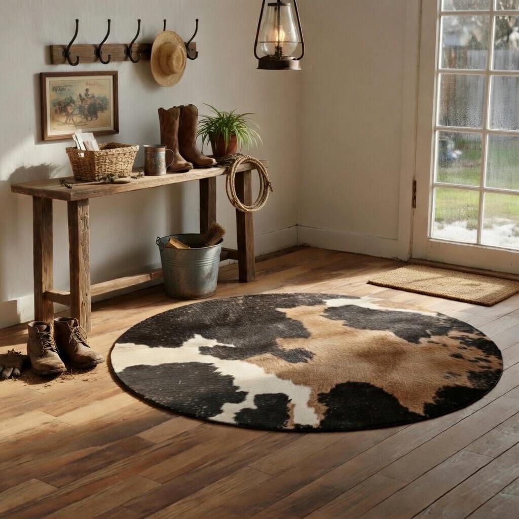 Cow print round rug, view 9