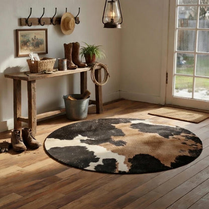 Cow print round rug, view 9