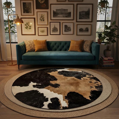 Cow print round rug, view 10