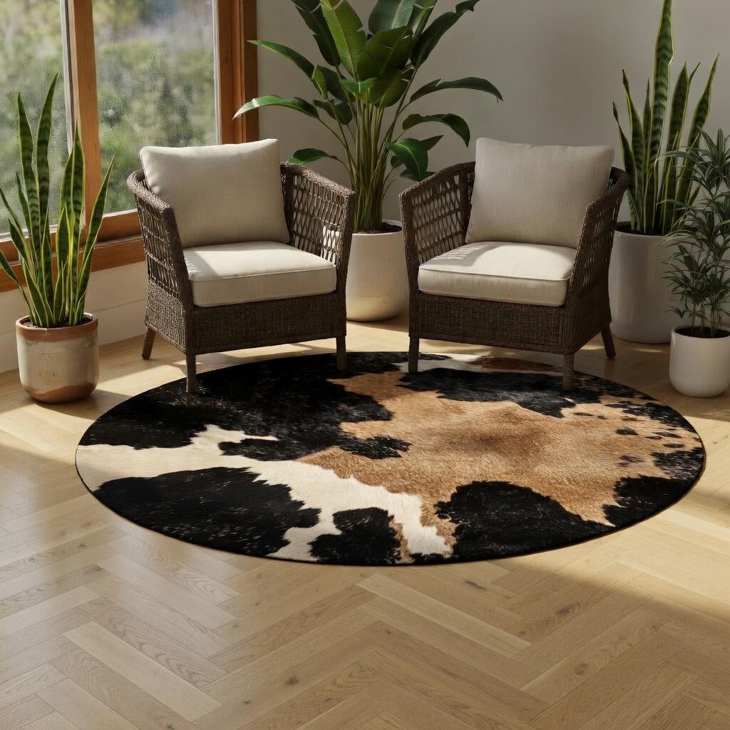 Cow print round rug, view 11
