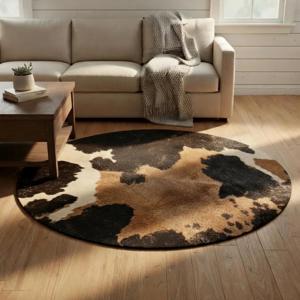 Cow print round rug, view 14