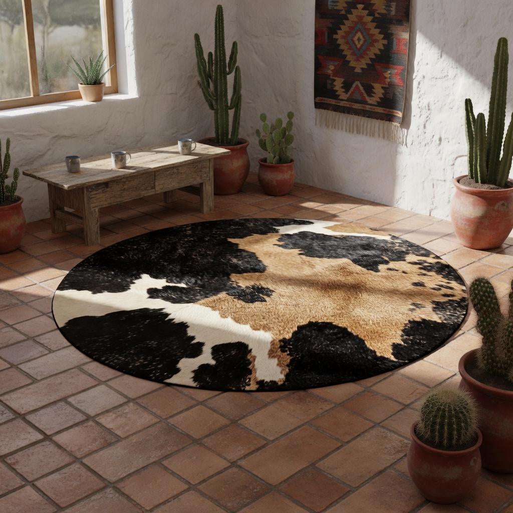 Cow print round rug, view 15