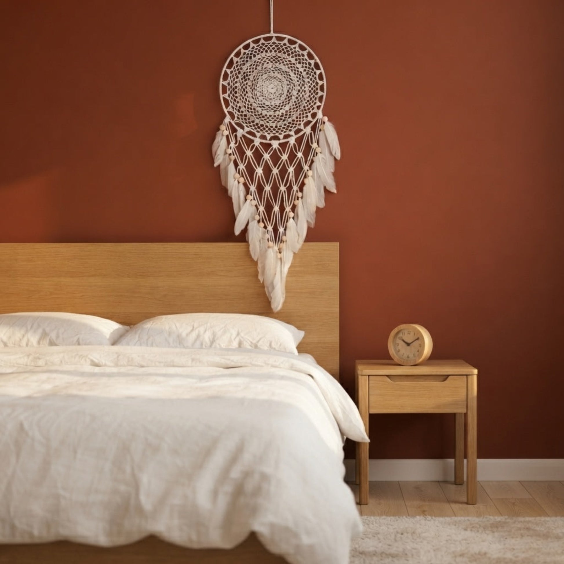 White crochet dreamcatcher wall hanging above a bed headboard in a boho bedroom with terracotta wall
