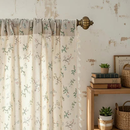 Crochet Lace Curtains Handmade Boho Tassel Trim Semi Blackout Window Treatment Farmhouse