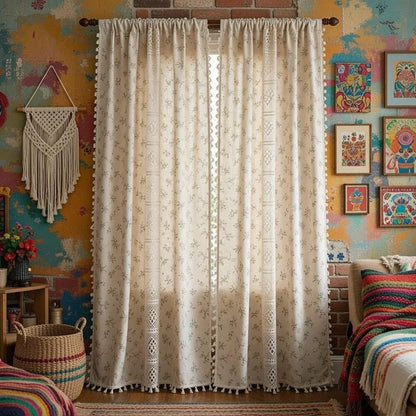 Crochet Lace Curtains Handmade Boho Tassel Trim Semi Blackout Window Treatment Farmhouse
