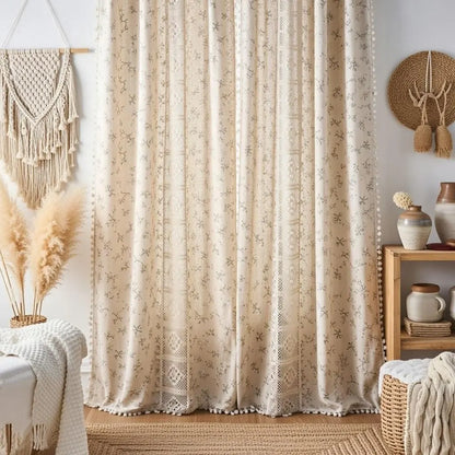 Crochet Lace Curtains Handmade Boho Tassel Trim Semi Blackout Window Treatment Farmhouse