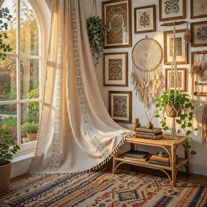 Crochet Lace Curtains Handmade Boho Tassel Trim Semi Blackout Window Treatment Farmhouse