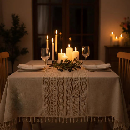 Crochet Tassel Tablecloth | Boho Farmhouse Lace Rectangle Table Cloth for Dining, Wedding & Christmas Decor