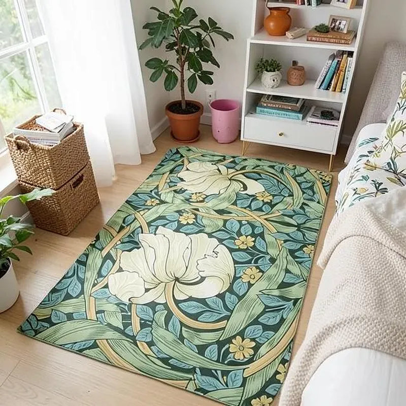 Sage green William Morris floral area rug in a living room with a white shelf and woven baskets