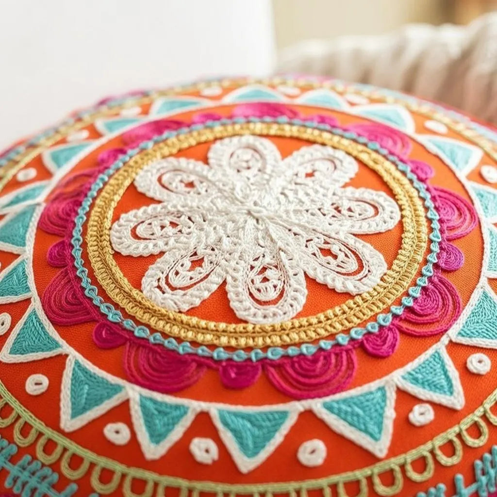 Round Mandala Pillow Cover 18" Embroidered Boho Cushion Ethnic Home Decor