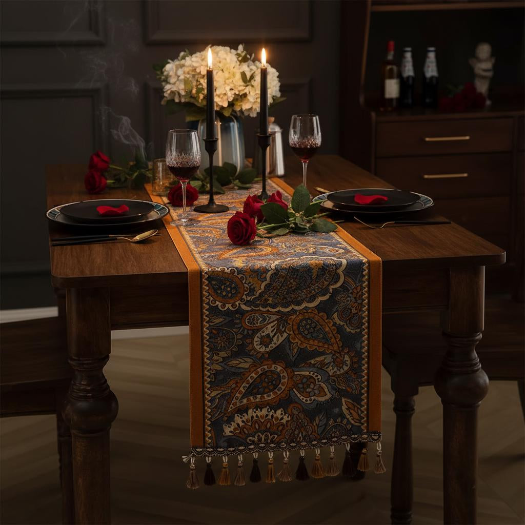 Boho Paisley Table Runner with Tassels | Farmhouse Vintage Fringe Runner | Wedding Holiday Decor