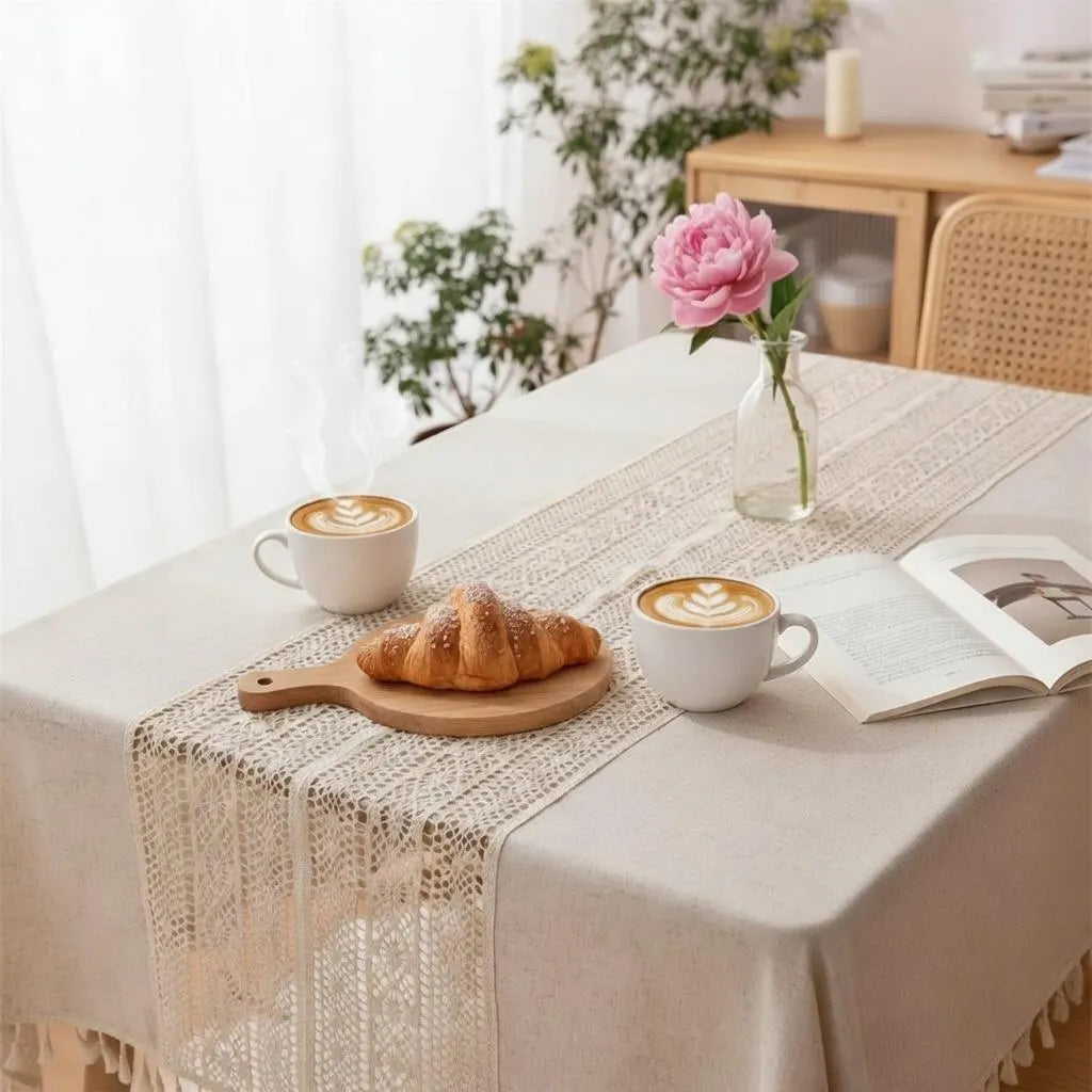 Crochet Tassel Tablecloth | Boho Farmhouse Lace Rectangle Table Cloth for Dining, Wedding & Christmas Decor