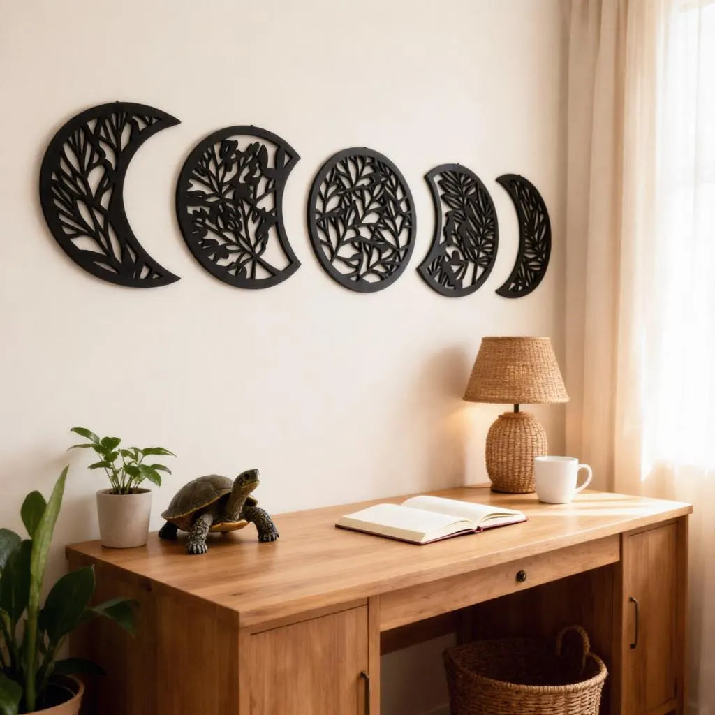 Moon Phase Wall Art Set of 5 Wooden Boho Celestial Home Ornament Crescent Decor