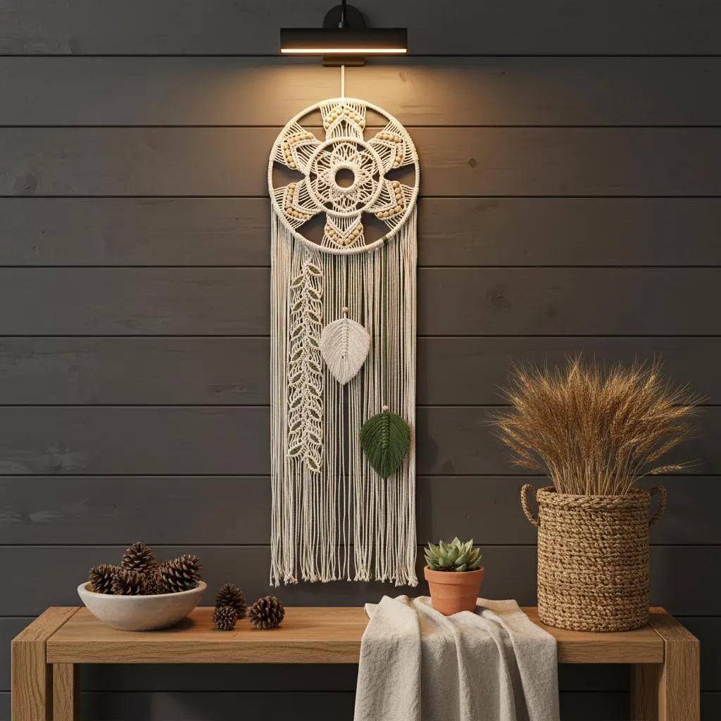 Macrame Wall Hanging Dream Catcher | Mandala Boho Wall Decor Wood Beads Green Leaf Fringe