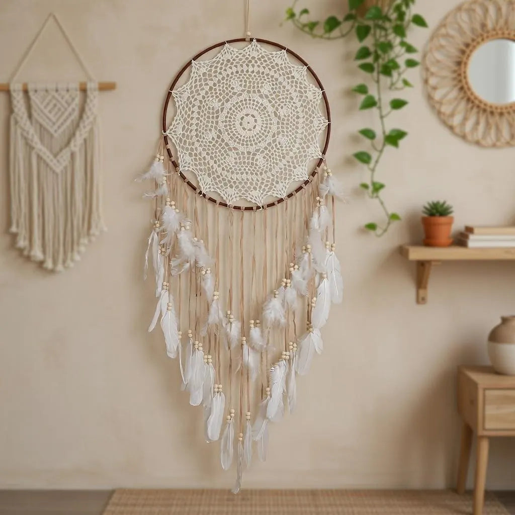 Large Boho Dreamcatcher with Feathers | Crochet Lace Hanging | Bohemian Bedroom Gift for Her