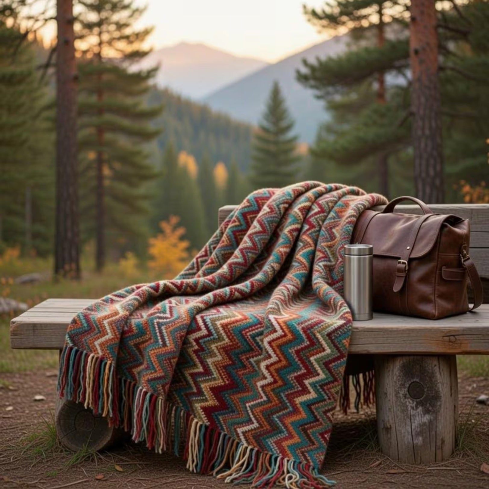 Fringed edge blanket on rattan chair, mountain view outdoor deck