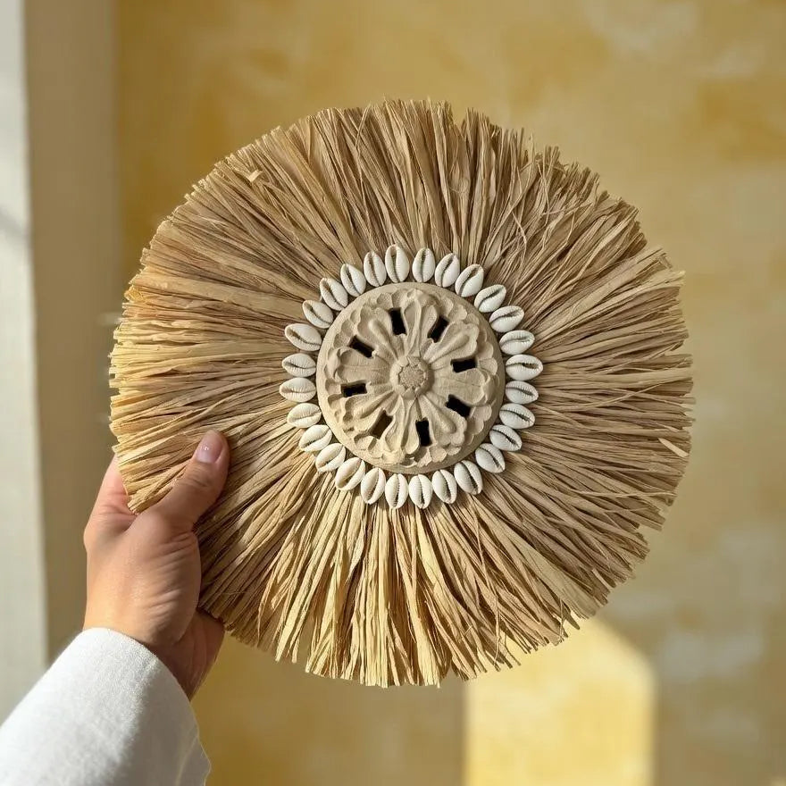 Handmade Raffia Hanging with Cowrie Shells | Boho round Straw Art | Beach House Gift