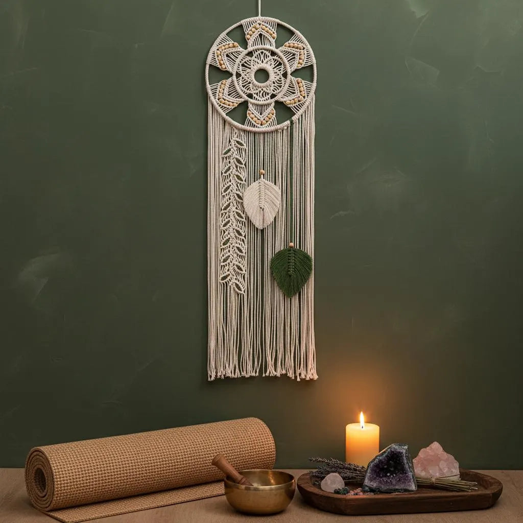 Macrame Wall Hanging Dream Catcher | Mandala Boho Wall Decor Wood Beads Green Leaf Fringe