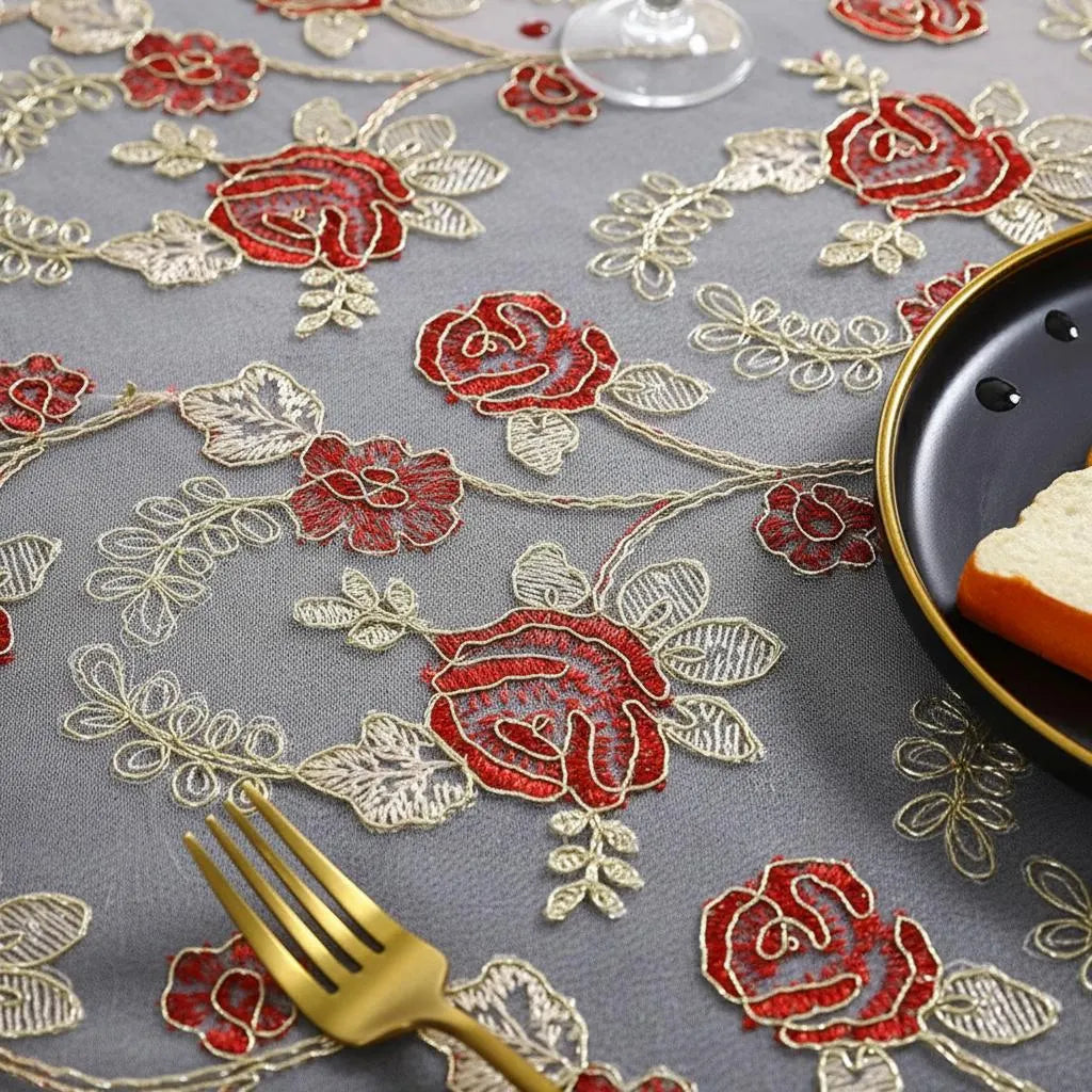Embroidered lace rose tablecloth — vintage floral table cover, main view