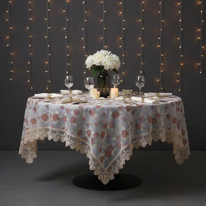 Embroidered lace rose tablecloth — vintage floral table cover, view 2