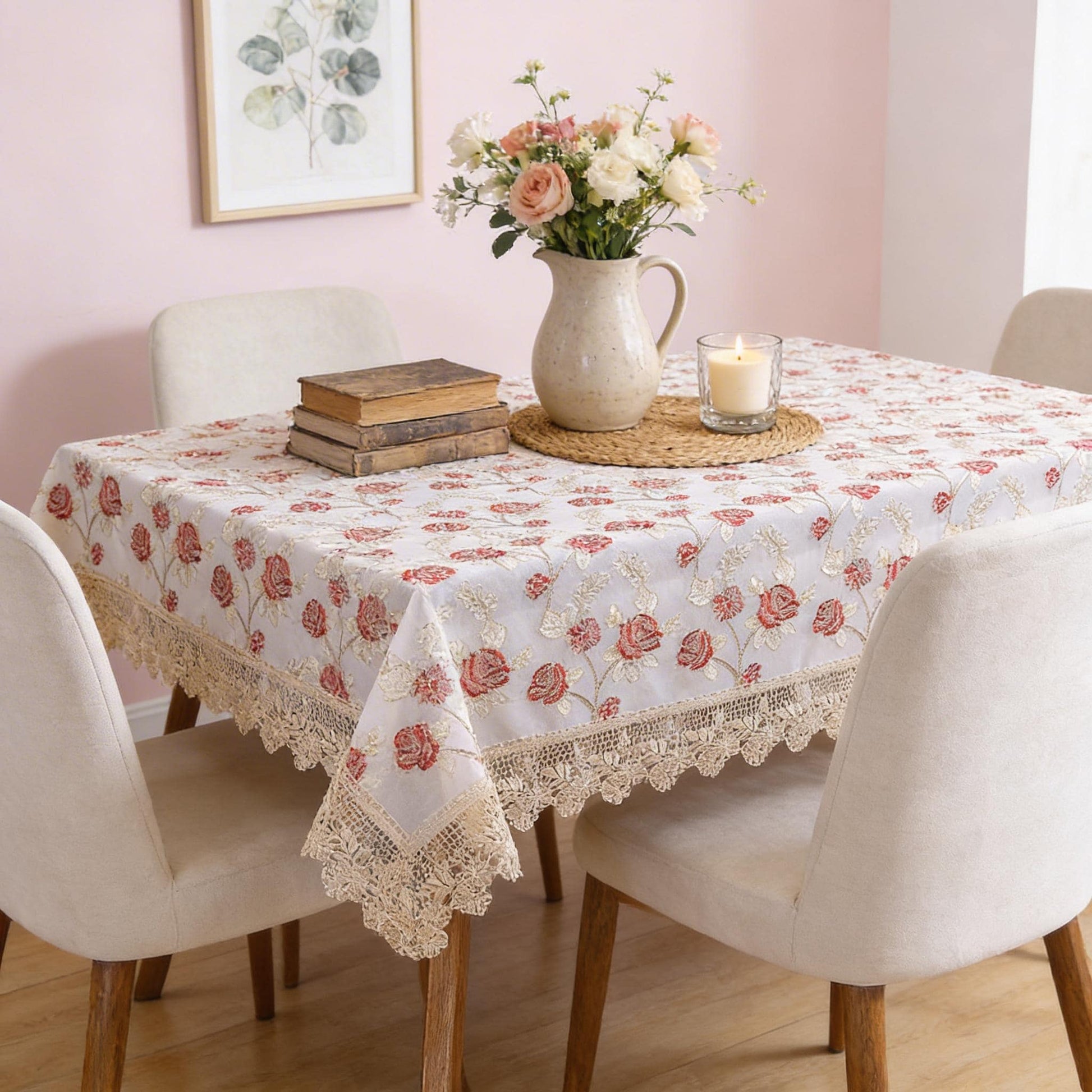 Embroidered lace rose tablecloth — vintage floral table cover, view 3